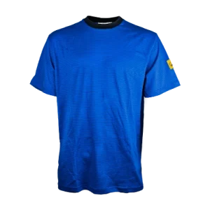 Royal blue t-shirt with black round collar and an ESD symbol on the sleeve