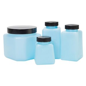 Blue ESD storage containers with removable lids; various sizes including 4oz, 6oz, 8oz and 16oz.