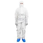Cleanroom operative wearing a disposable coverall, mask and overshoes