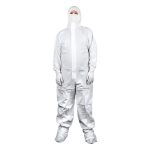 Image of cleanroom operative wearing disposable cleanroom coveralls with feet and a disposable mask
