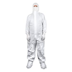 Image of cleanroom operative wearing disposable cleanroom coveralls with feet and a disposable mask