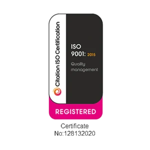 ISO 9001 2015 Badge showing registered certificate number 128132020