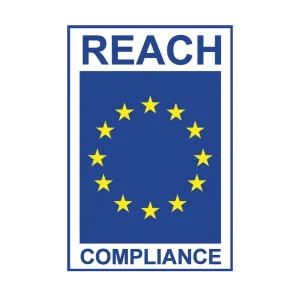 REACH Compliance Logo - features a blue box with yellow stars and the word REACH in blue above and the word Compliance in blue below