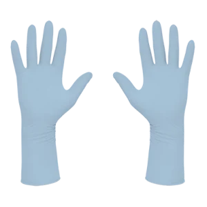 A pair of blue Sterile Cleanroom Nitrile Gloves from Halyard