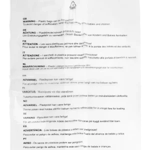 Gusseted clear poly bag with the text "WARNING - Plastic Bags can be dangerous! To avoid danger of suffocation, keep this bag away from babies and children." in 11 languages