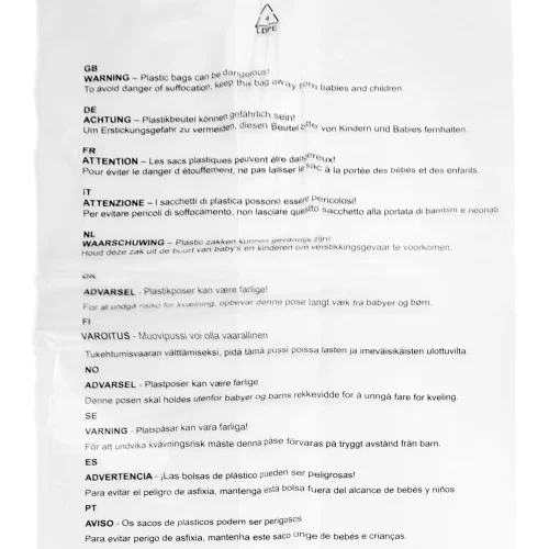 Gusseted clear poly bag with the text "WARNING - Plastic Bags can be dangerous! To avoid danger of suffocation, keep this bag away from babies and children." in 11 languages